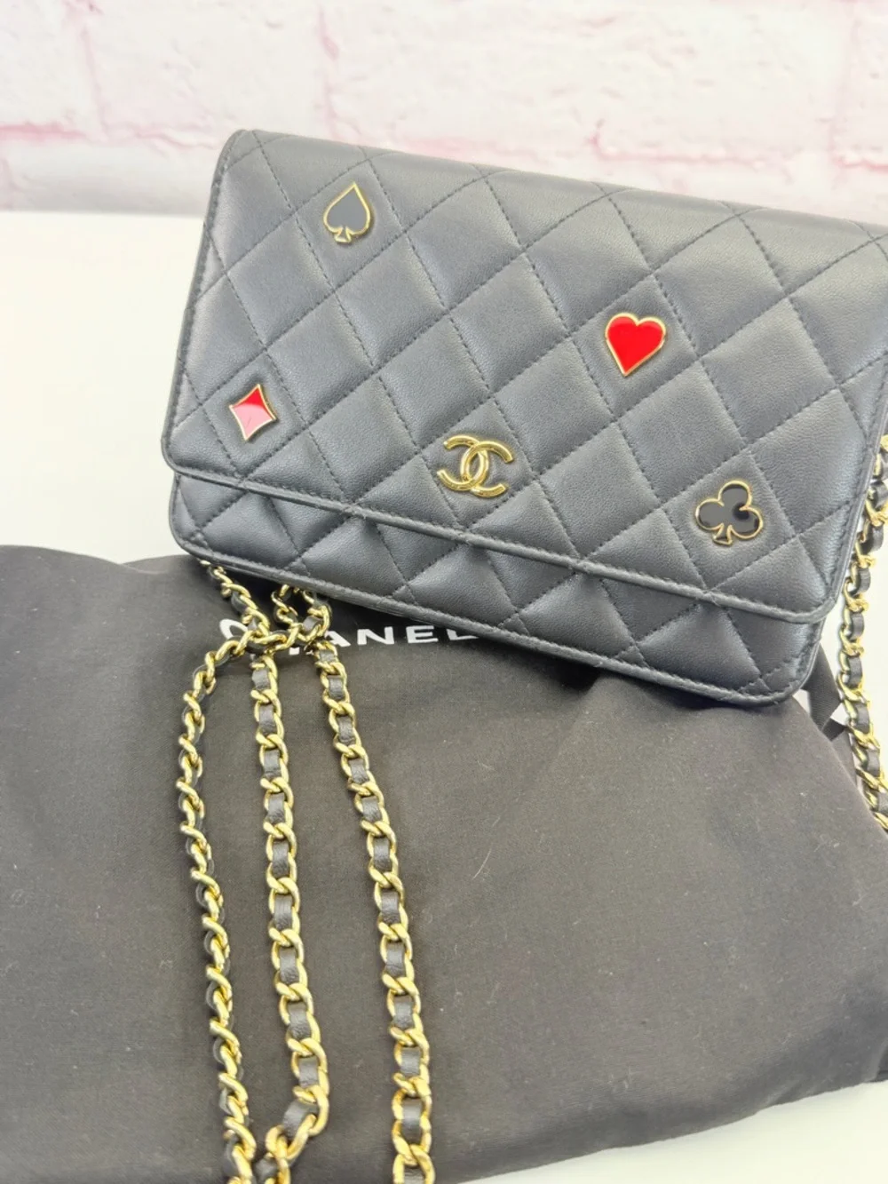 CHANEL Lambskin Quilted Enamel Coco Casino Wallet On Chain WOC Black